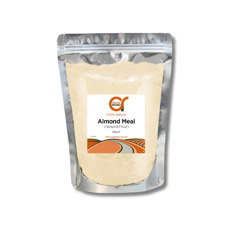 Packaged almond meal with a visible brand label on a white background