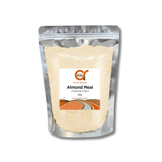Packaged almond meal with a visible brand label on a white background