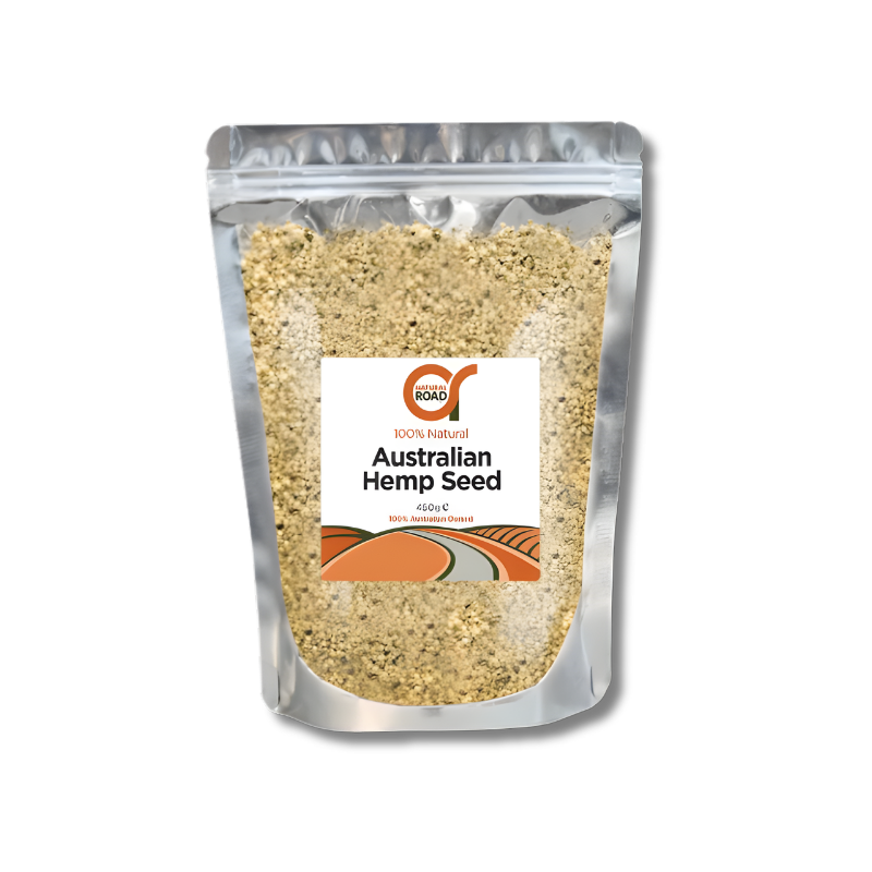 Packaged Australian hemp seeds with a visible brand label on a white background