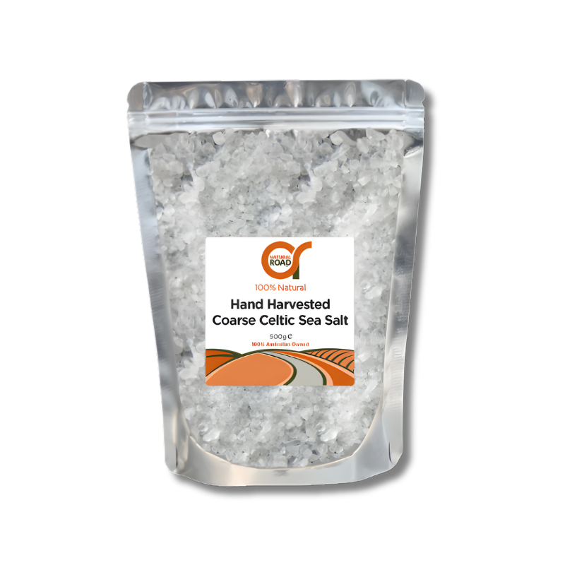 Bag of hand harvested coarse Celtic sea salt with a visible brand label on a white background