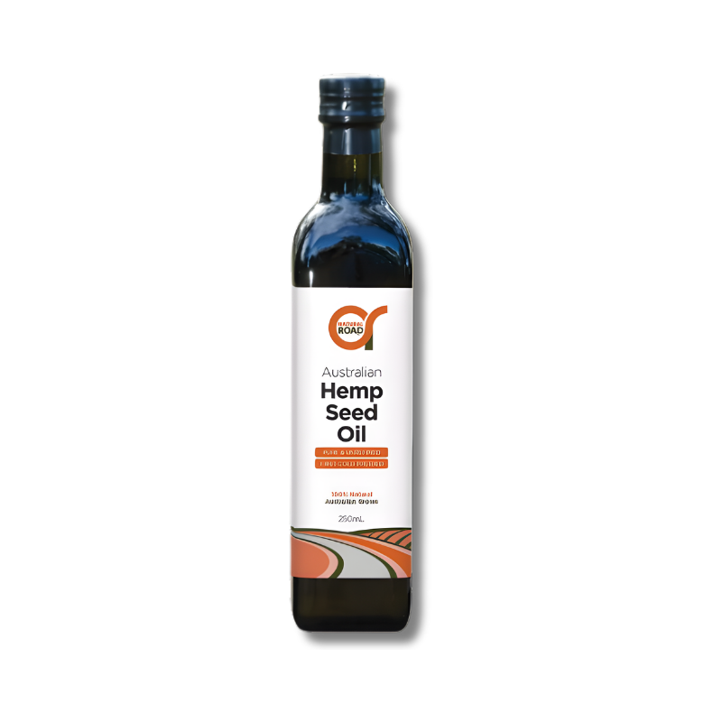 Bottle of Australian Hemp Seed Oil with a white label on a white background