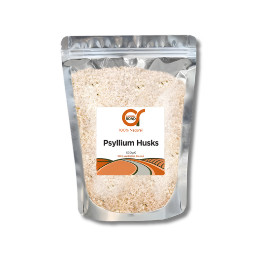Packaging of Psyllium Husks with a visible brand label on a white background