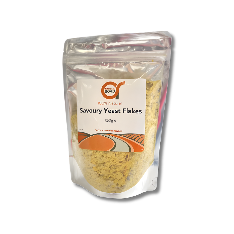 Package of Savoury Yeast Flakes with a visible brand label on a white background