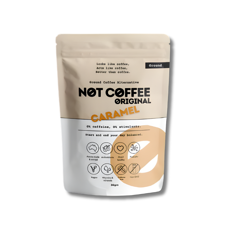 Package of 'Not Coffee Original' caramel flavor on a white background