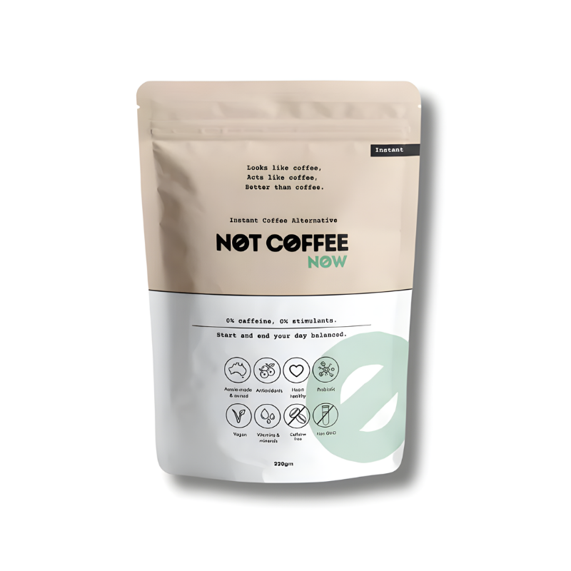 Package of 'Not Coffee Now' instant coffee alternative on a white background