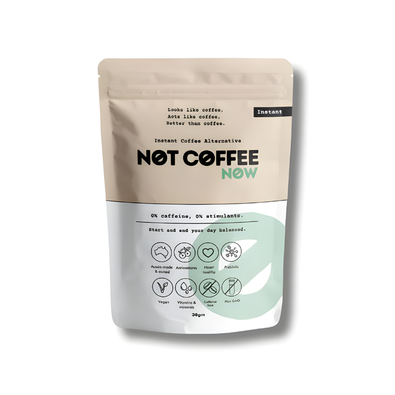 Package of 'Not Coffee Now' instant coffee alternative on a white background