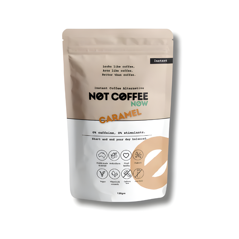 Package of 'Not Coffee Now' caramel instant coffee alternative on a white background