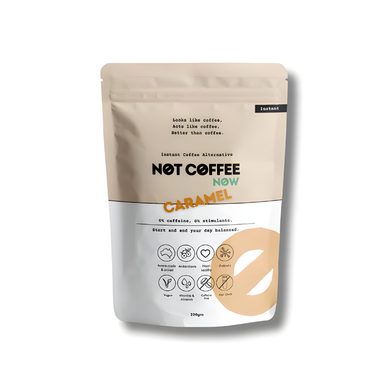 Package of 'Not Coffee Now' caramel instant coffee alternative on a white background