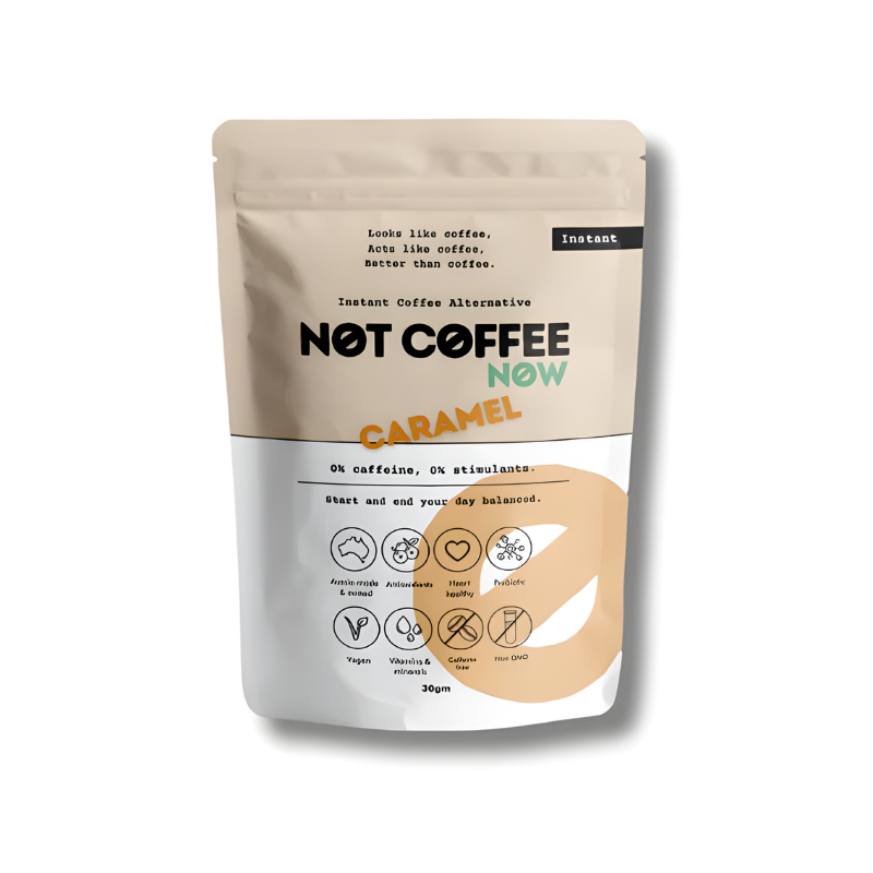 Package of 'Not Coffee Now' caramel instant coffee alternative on a white background
