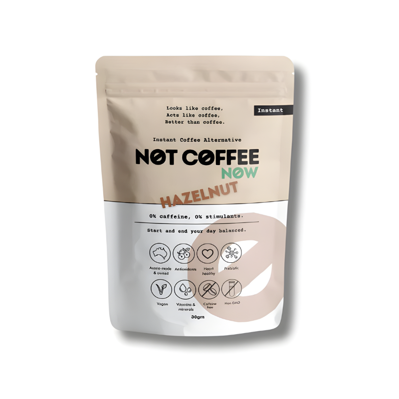 Package of 'Not Coffee Now' hazelnut instant coffee alternative on a white background