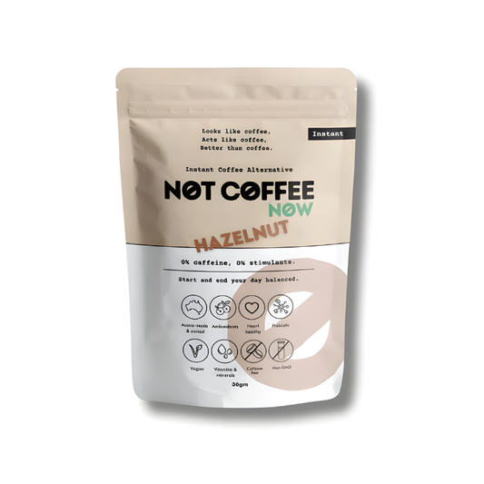 Package of 'Not Coffee Now' hazelnut instant coffee alternative on a white background