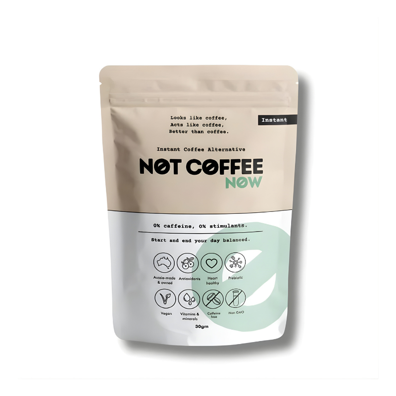 Caffeine-free coffee alternative with antioxidants and prebiotics for smooth flavour, steady energy, and calm focus- instant and gentle on the body.