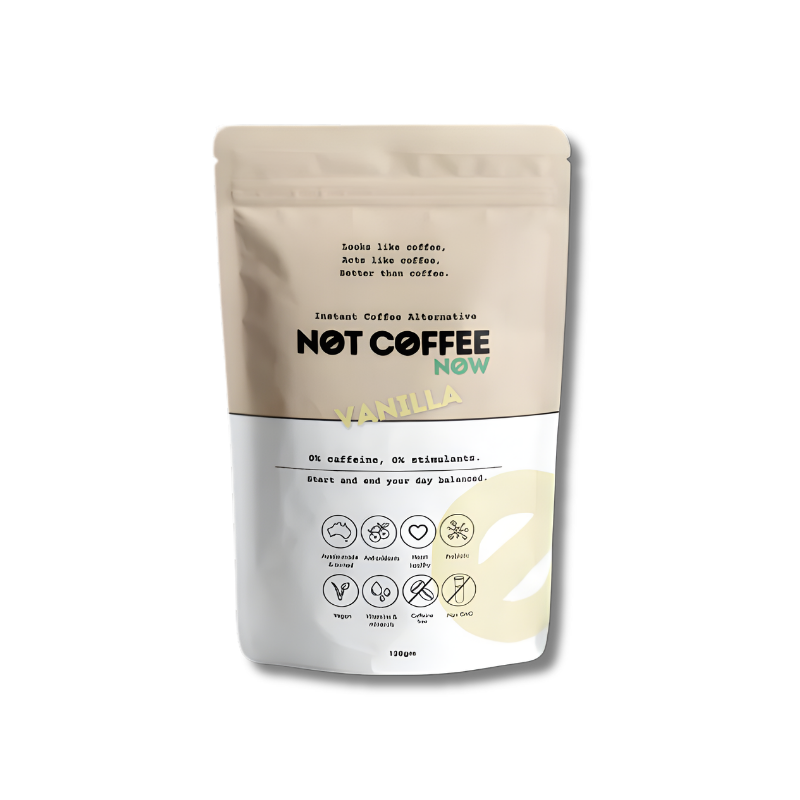 Beige and white package of 'Not Coffee Now' vanilla instant coffee alternative on a white background