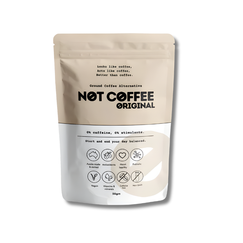 Beige package of 'Not Coffee Original' ground coffee alternative on a white background