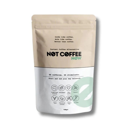 Caffeine-free coffee alternative with antioxidants and prebiotics for smooth flavour, steady energy, and calm focus- instant and gentle on the body.