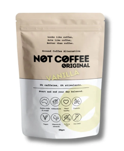 Vanilla flavored coffee alternative package on a white background