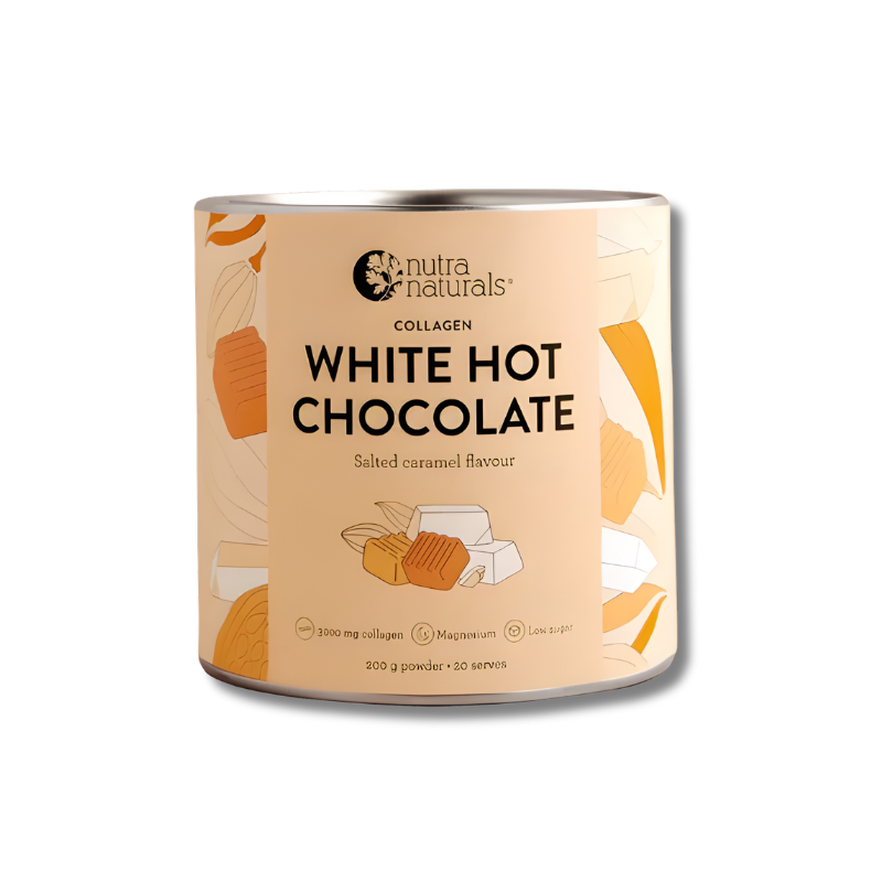 Can of Nutra Naturals white hot chocolate with salted caramel flavor on a white background