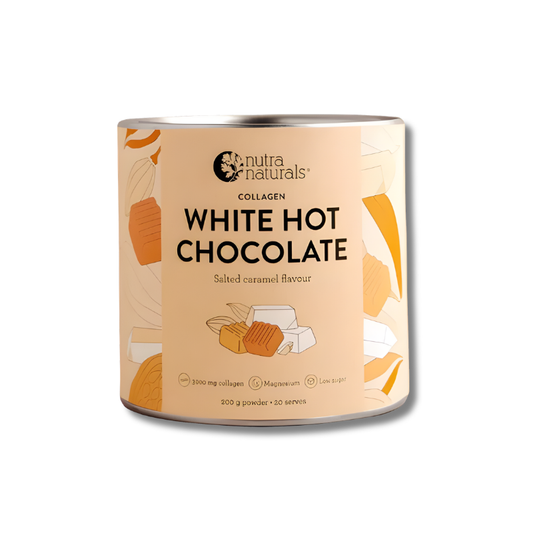 Can of Nutra Naturals white hot chocolate with salted caramel flavor on a white background