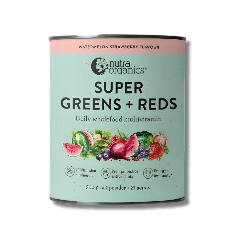 A tub of Super Greens + Reds Watermelon Strawberry wholefood multivitamin powder with bright, fresh packaging in pink and green tones. The label highlights its blend of 23 greens and reds, vitamins, and minerals. Often shown with a glass of vibrant pink drink and fresh watermelon and strawberry slices to emphasize its fruity flavour and freshness.