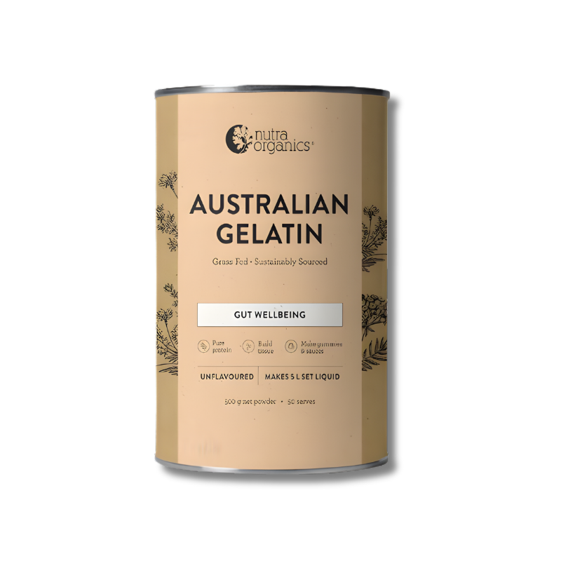 Canister of Nutra Organics Australian Gelatin on a white background