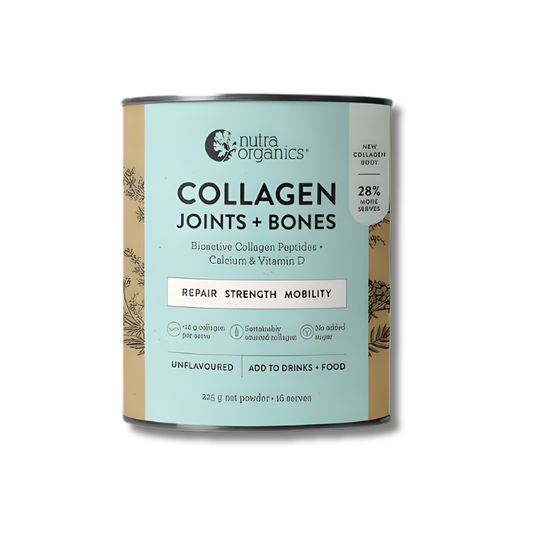 Canister of Nutra Organics Collagen Joints + Bones on a white background