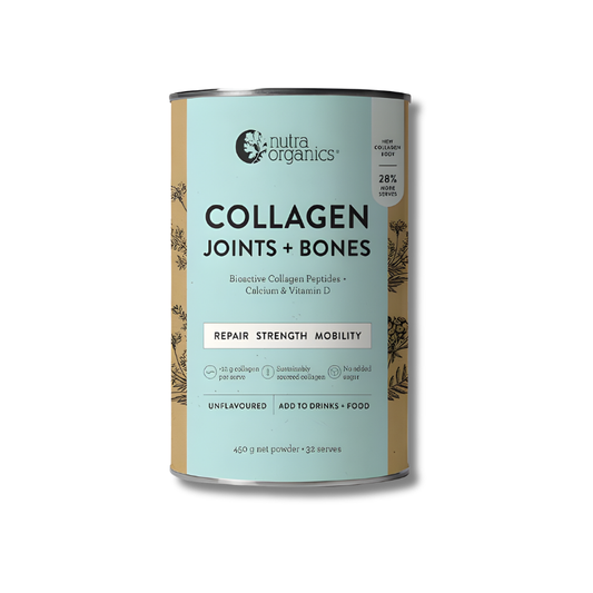 Canister of Nutra Organics Collagen Joints + Bones supplement on a white background