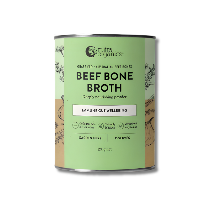 Can of Nutra Organics Beef Bone Broth on a white background