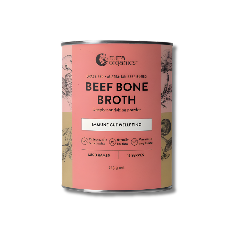 Can of Nutra Organics Beef Bone Broth on a white background