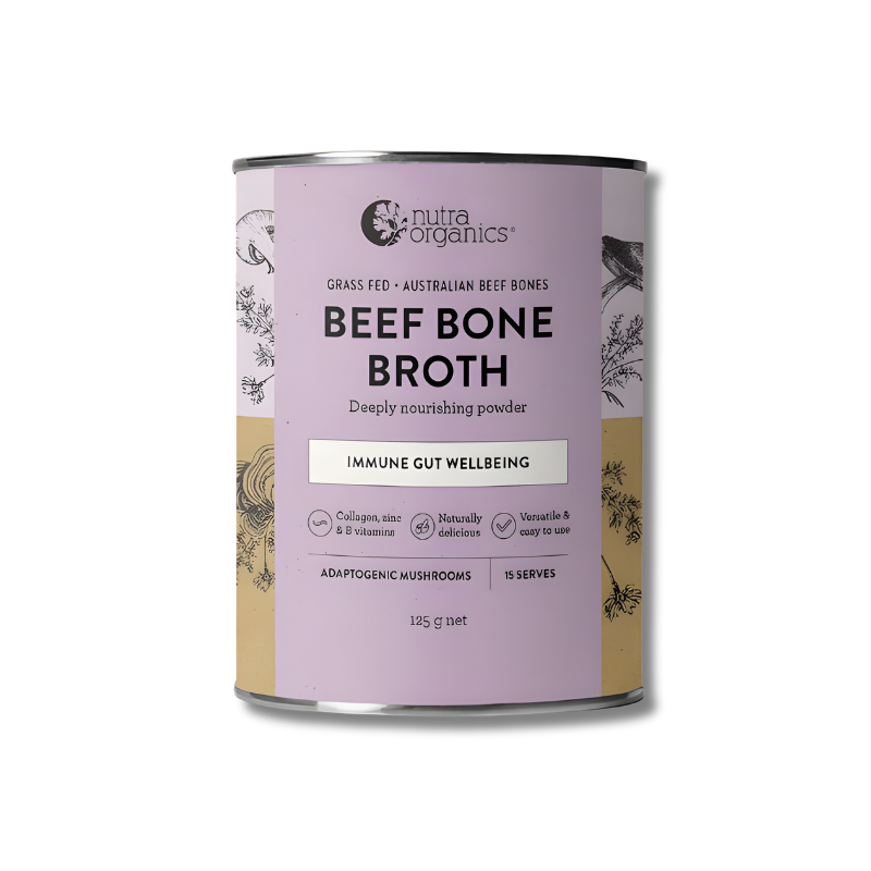 Can of Nutra Organics Beef Bone Broth on a white background