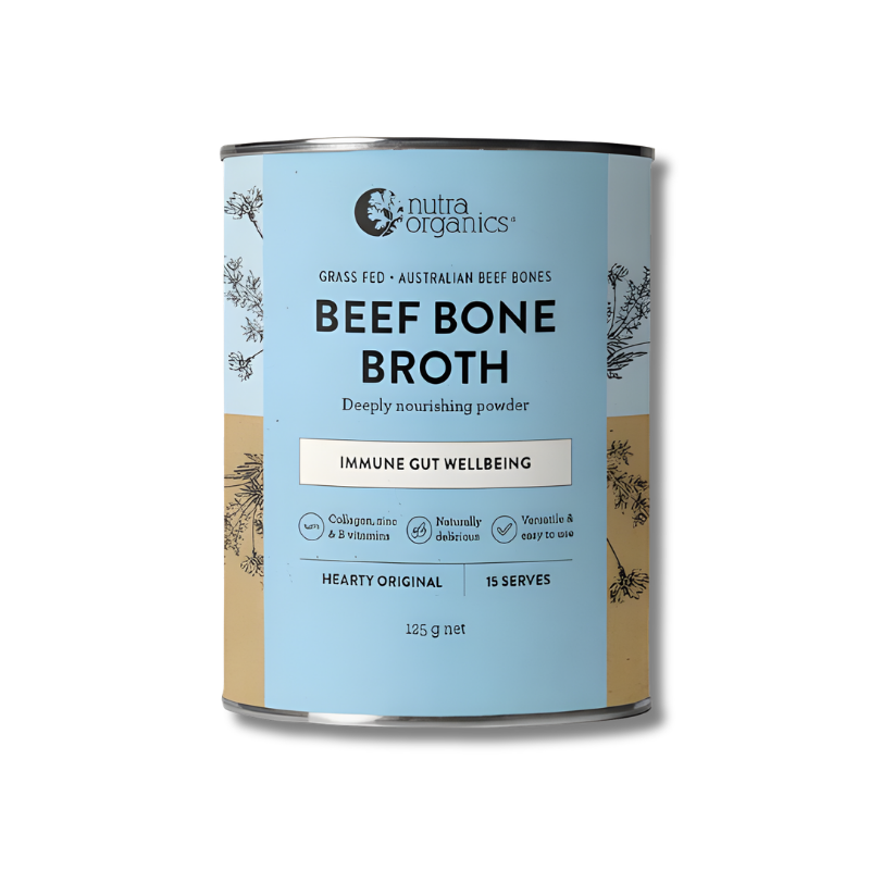 Can of beef bone broth with Nutra Organics branding on a white background
