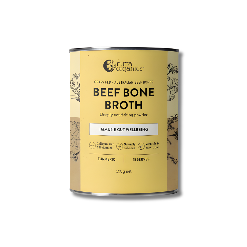 Can of Nutra Organics Beef Bone Broth on a white background