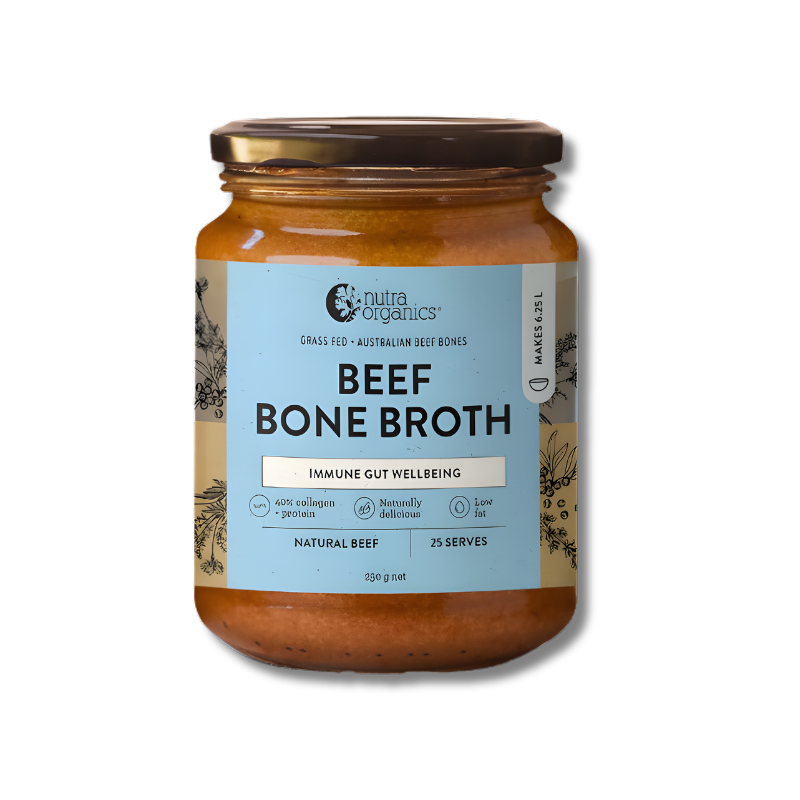 Jar of beef bone broth with a label on a white background