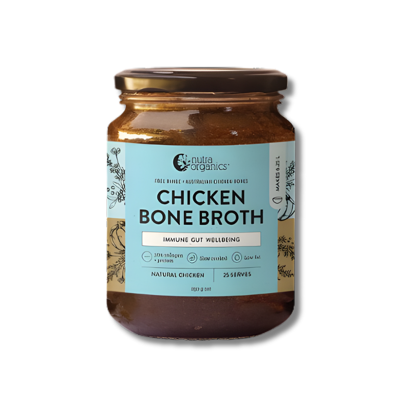 Jar of chicken bone broth with a label on a white background