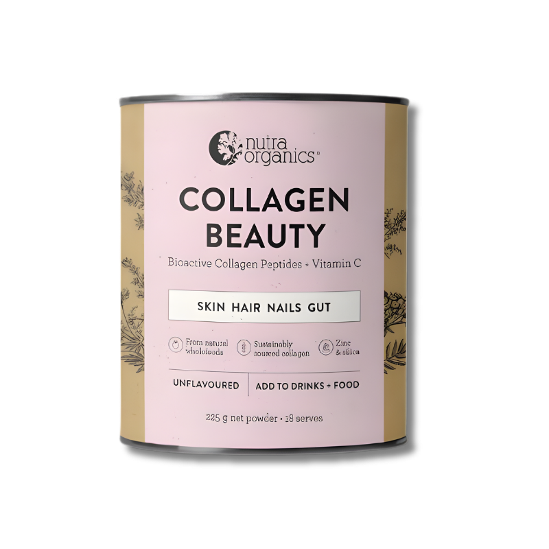 Collagen beauty supplement can with pink label on a white background