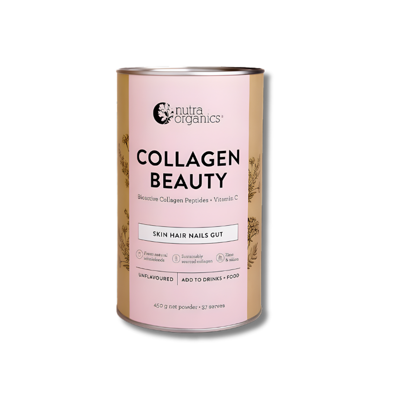 Collagen beauty supplement canister with pink label on a white background