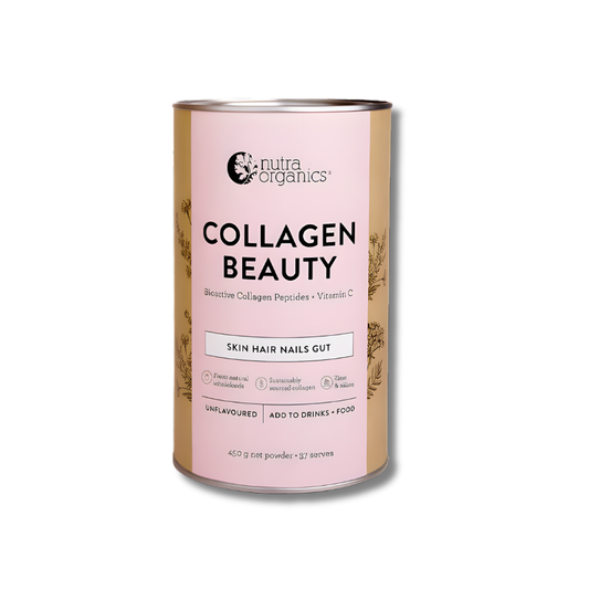 Collagen beauty supplement canister with pink label on a white background