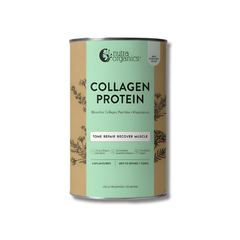 Can of Nutra Organics collagen protein on a white background