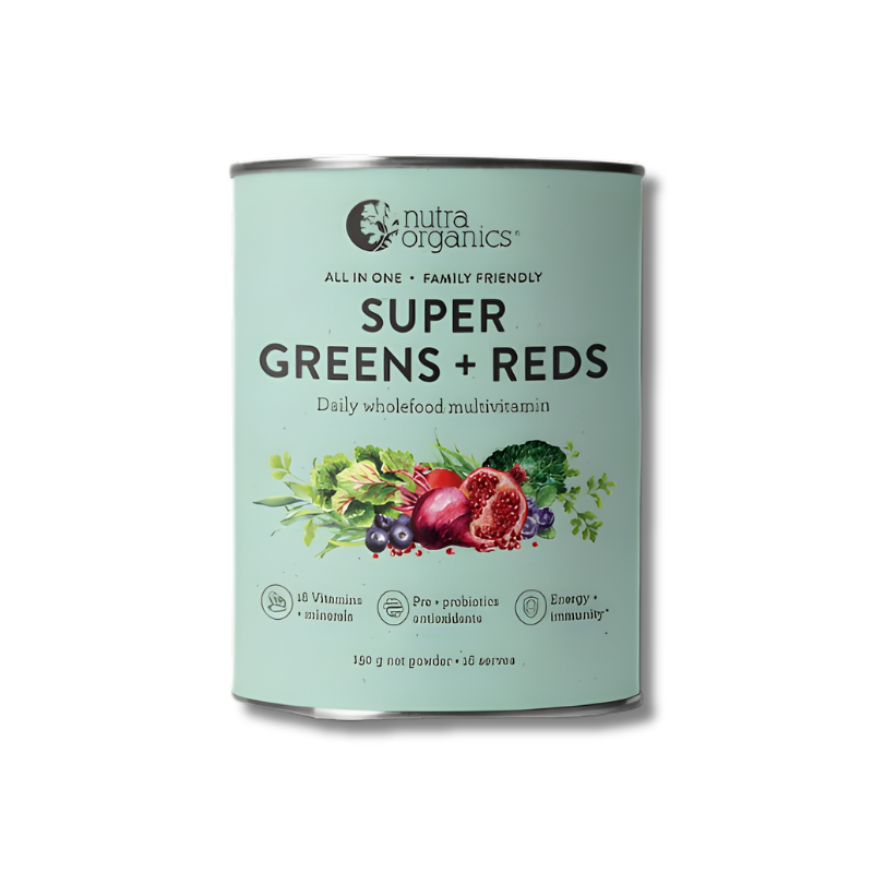 Canister of Nutra Organics Super Greens + Reds multivitamin on a white background