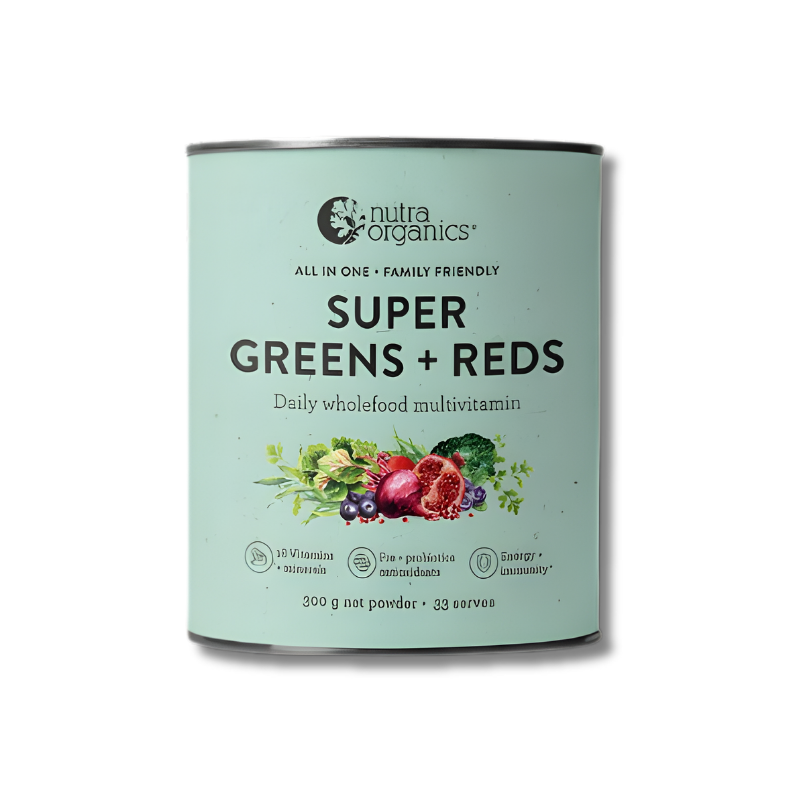 Canister of Nutra Organics Super Greens + Reds multivitamin on a white background