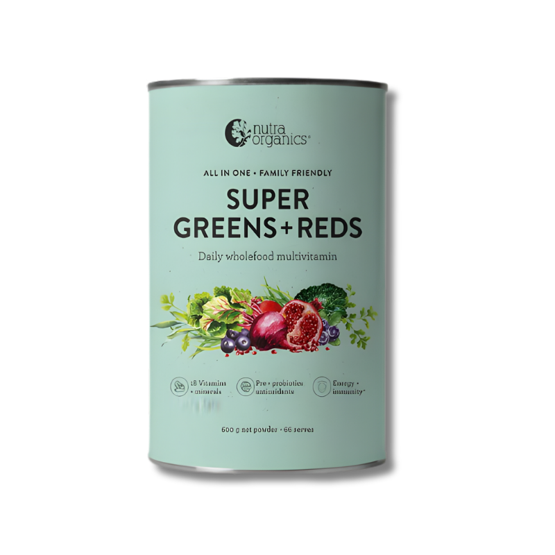 Canister of Nutra Organics Super Greens + Reds multivitamin on a white background