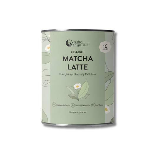 Can of Nutra Organics Collagen Matcha Latte on a white background