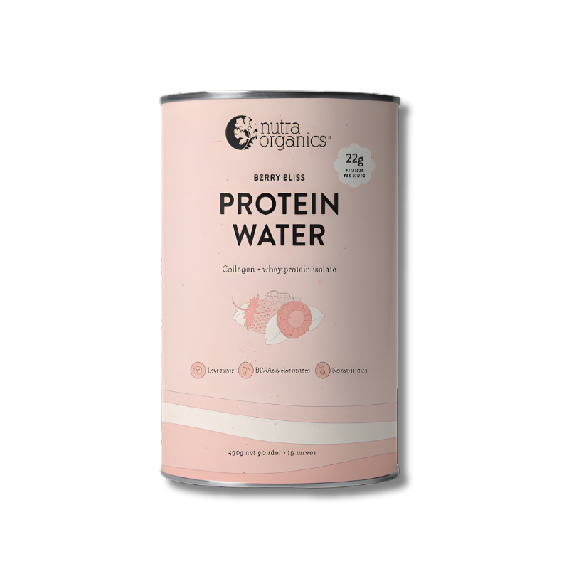 Can of Nutra Organics Protein Water on a white background