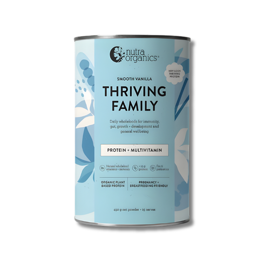 Nutra Organics Thriving Family protein and multivitamin container on a white background