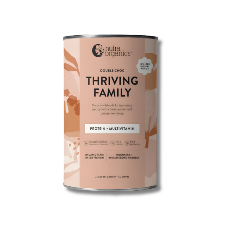 Nutra Organics Thriving Family protein and multivitamin powder can on a white background
