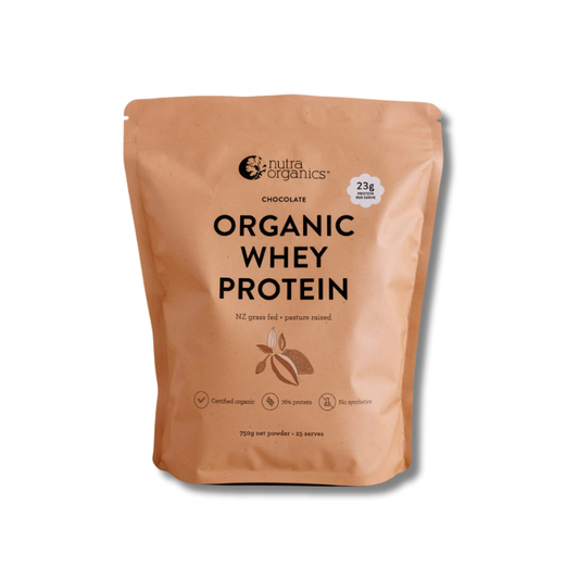 Organic grass-fed whey protein in vanilla flavour to support muscle recovery, energy, and healthy ageing—smooth, creamy, and nutrient-rich.