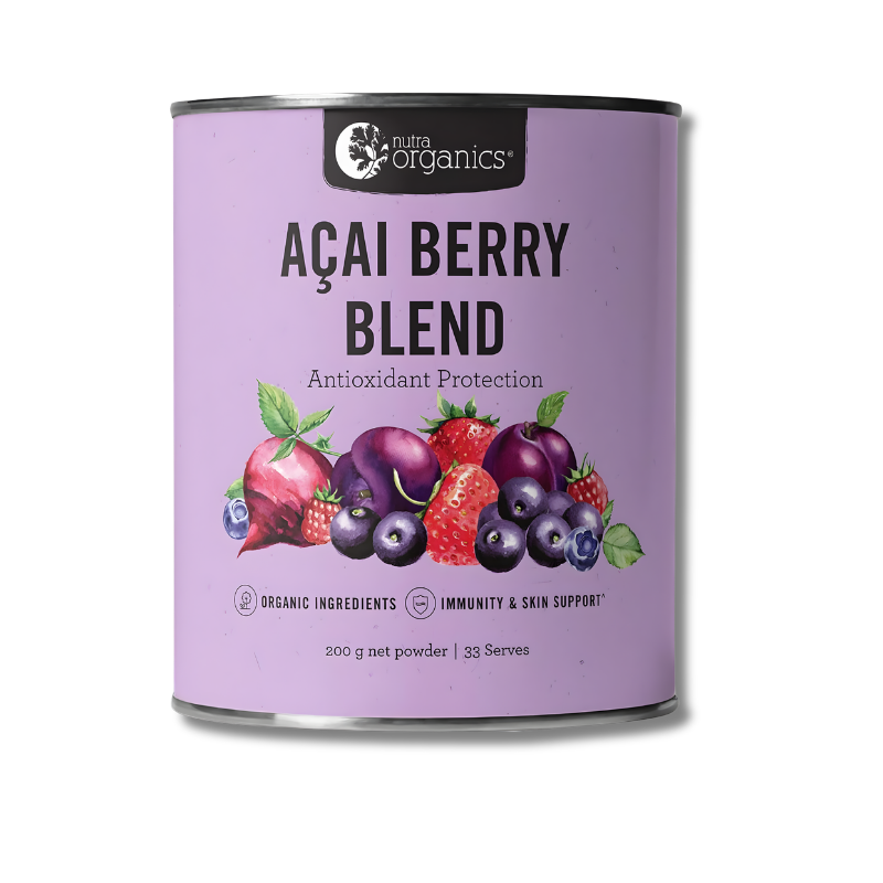 Can of Nutra Organics Acai Berry Blend on a white background
