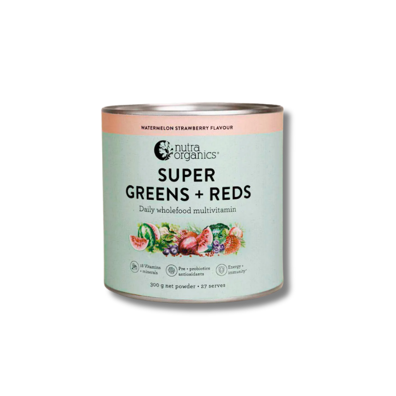 Nutra Organics Super Greens + Reds multivitamin container on a white background