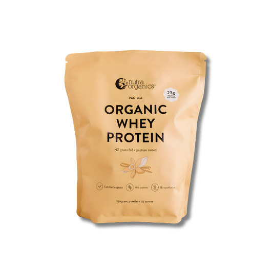 Beige package of Nutra Organics Organic Whey Protein on a white background