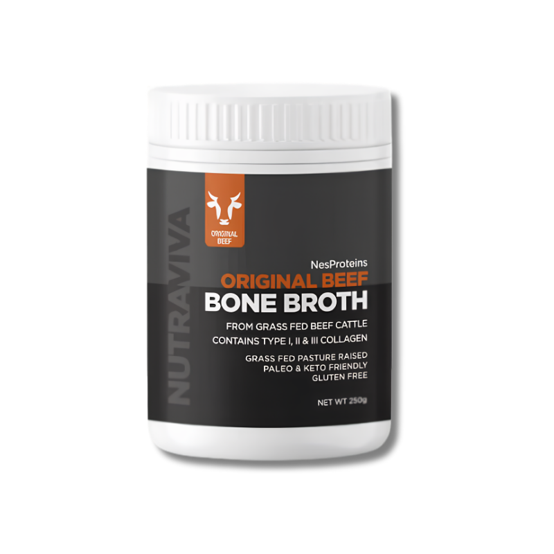 NesProteins Nutraviva Original Beef Bone Broth container on a white background