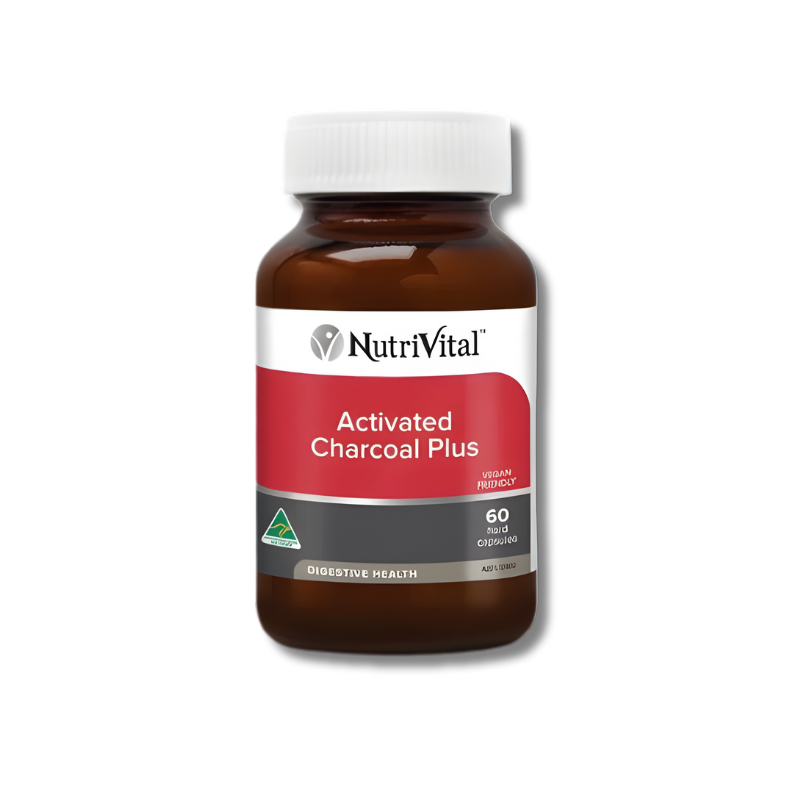 Nutrivital Activated Charcoal Plus – natural digestive detox supplement to relieve bloating, gas, and support gut health.